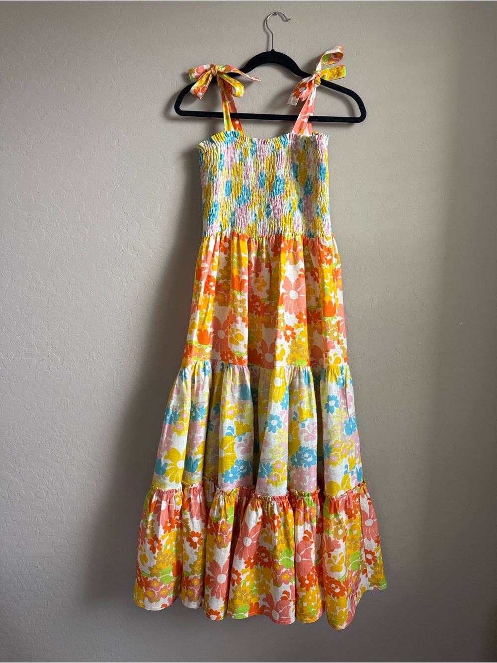 Place Nationale Linen Midi Dress Daisy Floral Tie-Shoulder Shirred bodice Sz M
